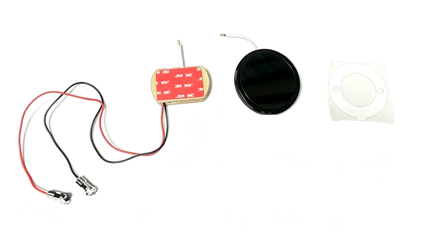 Everything in the box, laid out: the emblem, the decoder box, the two power leads and the adhesive ring